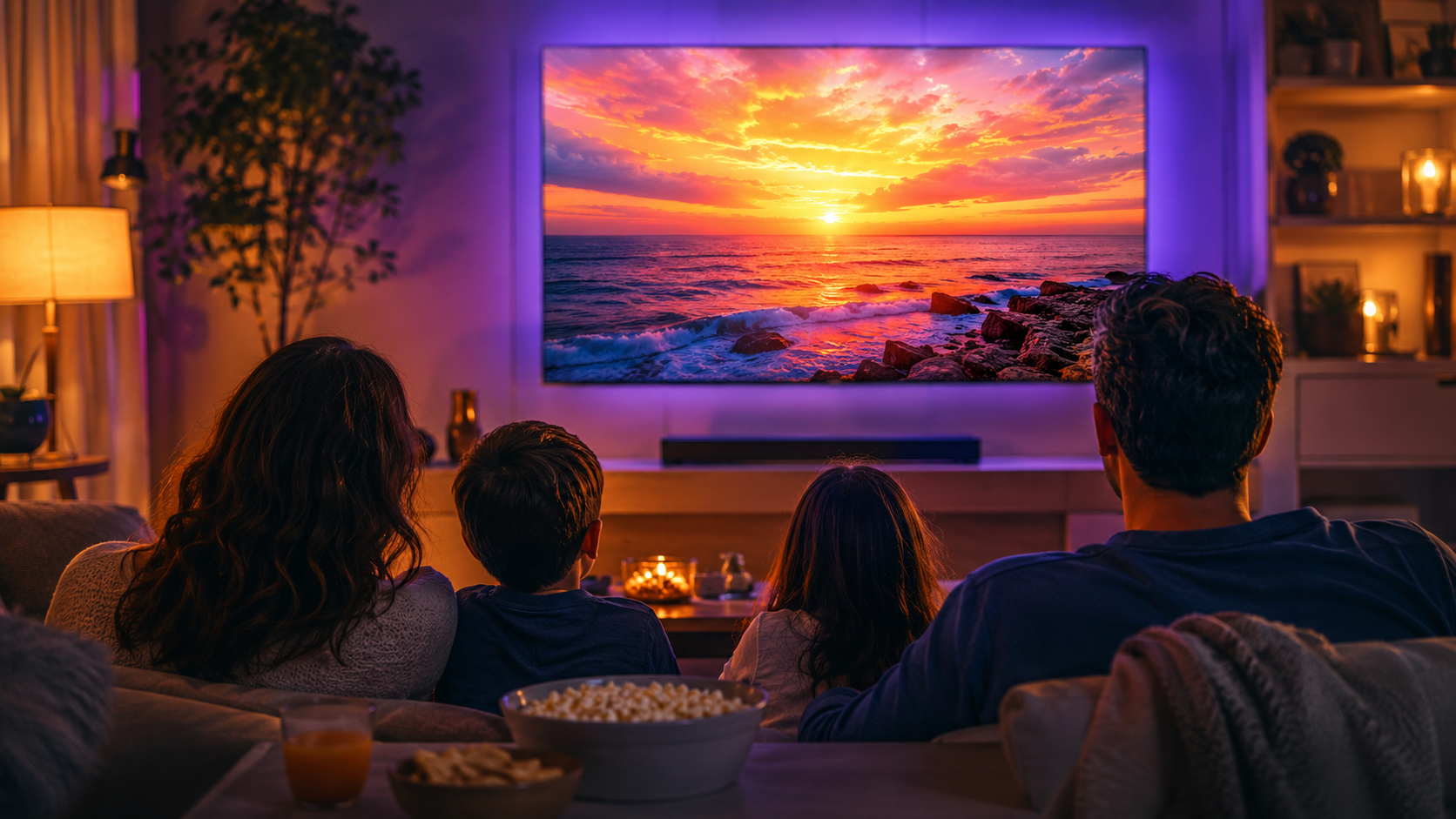 Zufriedene Familie genießt nach dem IPTV kaufen Filme und Serien in 4K